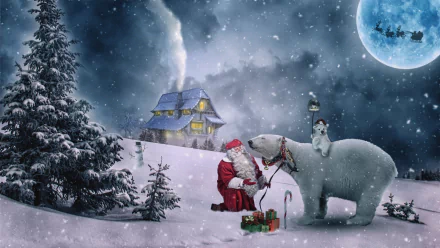 HD Christmas wallpaper featuring Santa with gifts, a polar bear, and a wintry night scene with a cozy house and a moonlit sky.