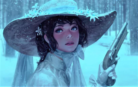 A fantasy-themed HD wallpaper featuring a woman in winter attire, holding a handgun, with snowfall in the background. She wears a large hat adorned with flowers, set against a snowy forest backdrop.
