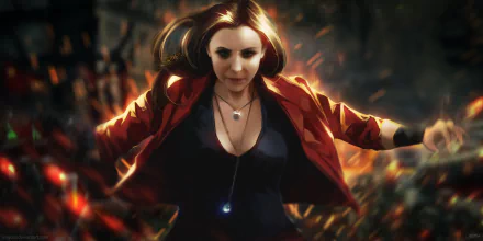 HD PC desktop wallpaper featuring Scarlet Witch from the movie Avengers: Age of Ultron, depicted in a dramatic pose with glowing mystical effects.