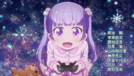 HD anime desktop wallpaper featuring a cheerful character from New Game! holding a game controller against a starry, sparkling background.