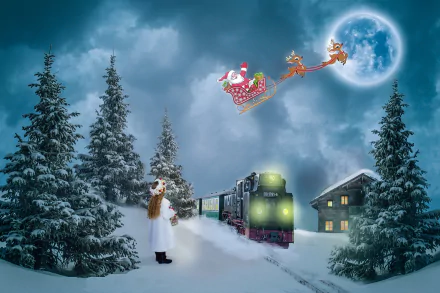 HD winter scene with Santa’s sleigh flying past a full moon above a snowy train, pine trees, a little girl watching, and a cozy house, capturing a festive Christmas holiday mood.