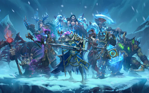 HD Hearthstone: Heroes of Warcraft desktop wallpaper featuring various game characters ready for battle in a snowy setting.