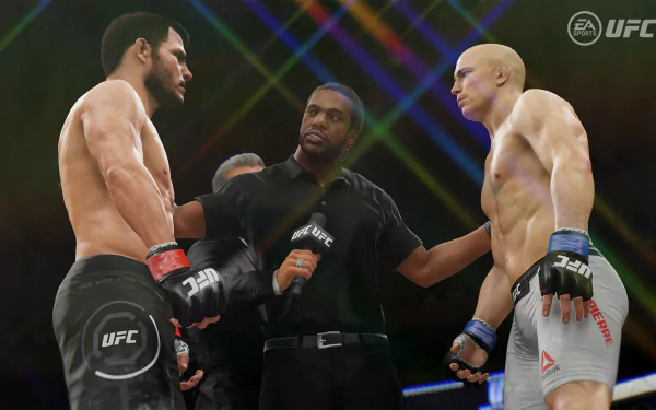 HD wallpaper of EA Sports UFC 3 featuring two fighters facing off inside the octagon with a referee between them.
