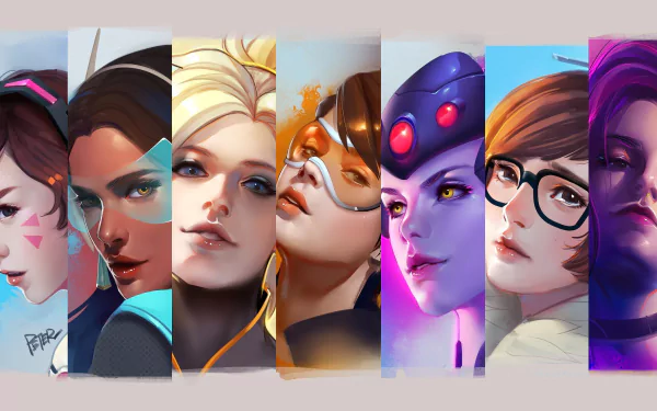HD desktop wallpaper featuring close-up, stylized portraits of Overwatch characters: D.Va, Symmetra, Mercy, Tracer, Widowmaker, Mei, and Zarya.