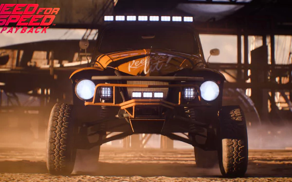 4K Ultra HD wallpaper featuring an off-road Volkswagen Beetle from Need for Speed Payback, showcasing rugged design and intense lighting in a video game setting.