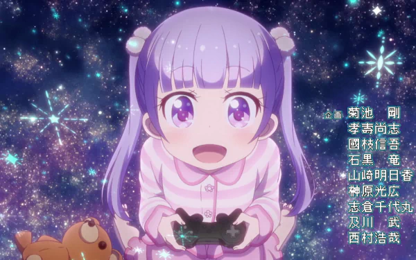 HD anime desktop wallpaper featuring a cheerful character from New Game! holding a game controller against a starry, sparkling background.