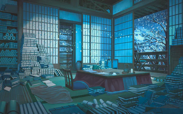 HD wallpaper of a serene anime room filled with books and scrolls, illuminated by moonlight through shoji screens. The background features a snowy tree, enhancing the tranquil atmosphere.