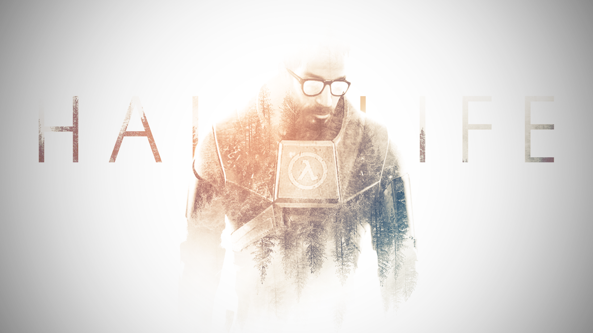 HD PC desktop wallpaper featuring Gordon Freeman from the video game Half-Life, blending a minimalist design with soft, glowing effects and the game title in the background.