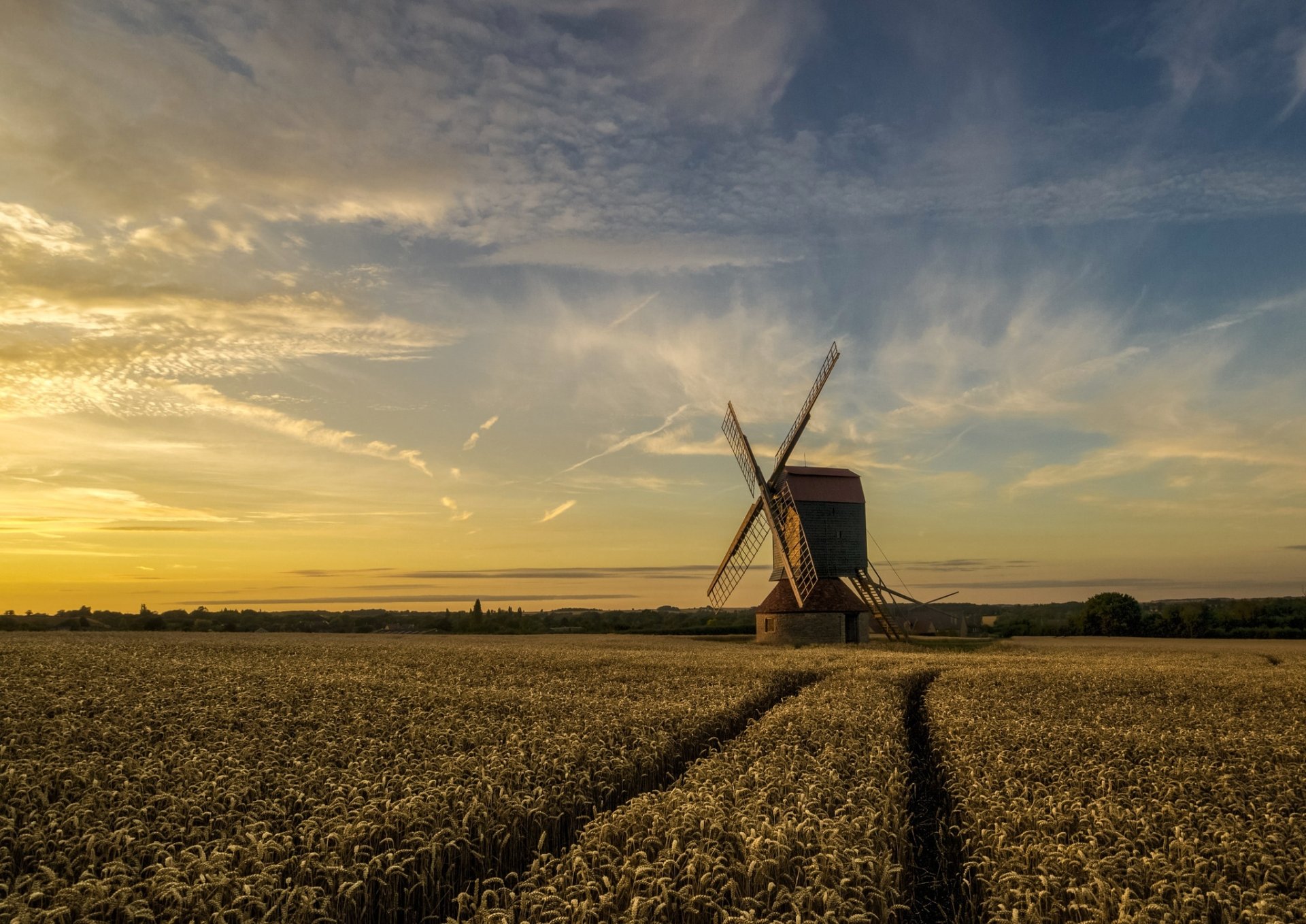 Download Wheat Field Sky Summer Man Made Windmill HD Wallpaper