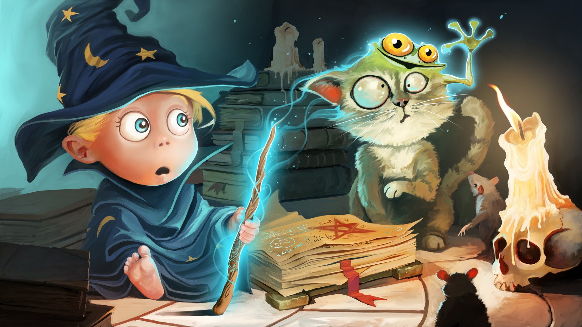 HD wallpaper featuring a child sorcerer with a staff and a glowing book, casting a spell alongside a magical cat. A lit candle illuminates the fantasy scene.