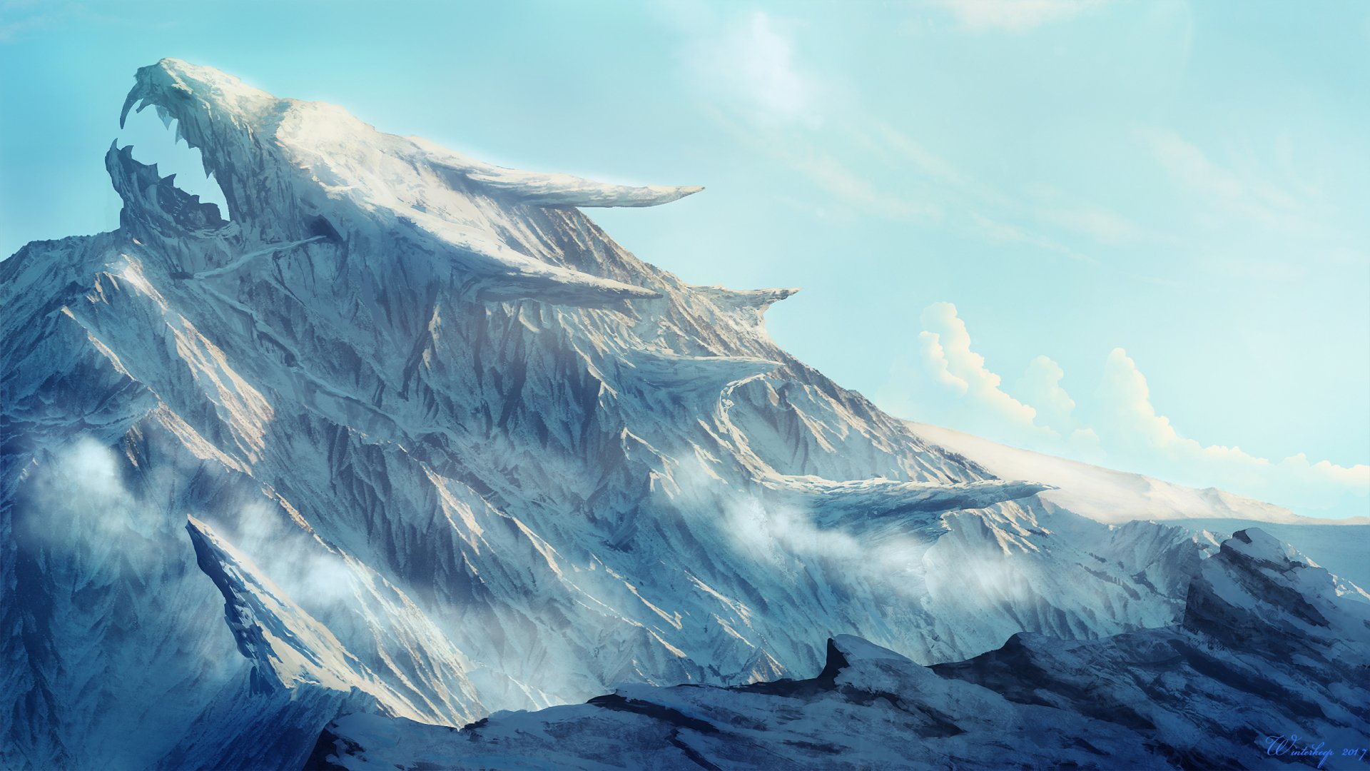 A fantasy landscape featuring a dragon-shaped mountain peak surrounded by mist, depicted in high definition as a PC desktop wallpaper and background.