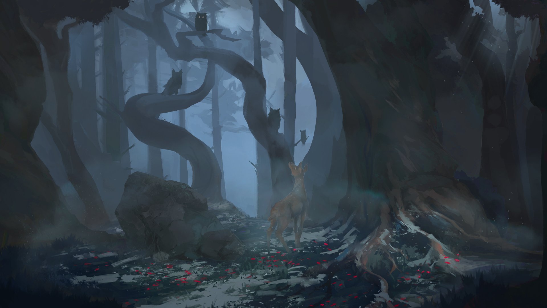 Download Forest Fog Owl Night Fantasy Deer HD Wallpaper by Ericoscarj