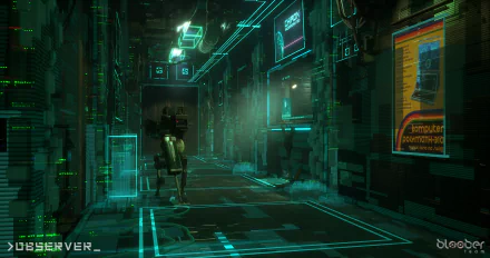 HD desktop wallpaper featuring a cyberpunk alley with neon signs and the caption Observer.