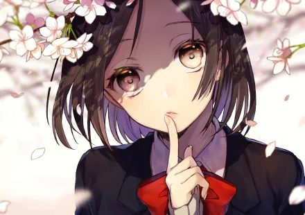 HD anime original artwork of a girl with dark hair and golden eyes, framed by cherry blossoms, designed as a PC desktop wallpaper and background.