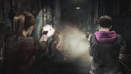 HD desktop wallpaper and background from Resident Evil: Revelations 2 featuring two characters aiming guns at a monster in a dimly lit corridor.