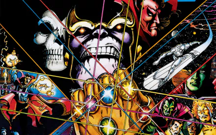 HD desktop wallpaper featuring a vibrant The Infinity Gauntlet comic scene with various characters and a prominent figure displaying the Infinity Gauntlet adorned with glowing gems.