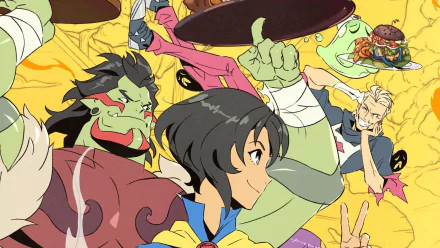 HD desktop wallpaper featuring characters from Battle Chef Brigade in dynamic cooking action poses.