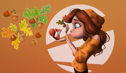 Artistic HD wallpaper of a woman with blue eyes and a beanie interacting with a squirrel, surrounded by hazelnuts and oak leaves on a warm background.