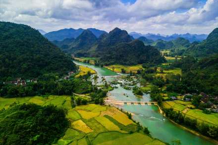 HD landscape photo of a vibrant green forest and rice fields by a winding river, surrounded by mountains in Vietnam, showcasing Earth's natural beauty.