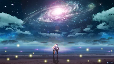 HD desktop wallpaper from Your Lie in April featuring anime characters Kousei Arima and Kaori Miyazono under a starlit sky with a vibrant galaxy.