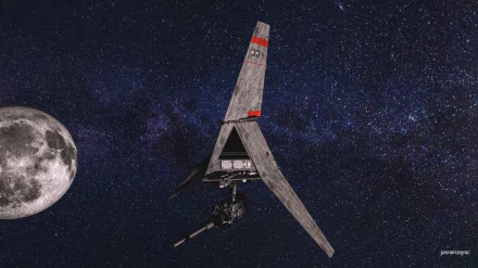 4K Ultra HD PC wallpaper: 3D CGI sci‑fi scene of a T‑16 Skyhopper and robot near a moon against a starfield, Star Wars style.