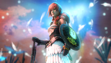 4K Ultra HD wallpaper of Lightning, the pink-haired woman warrior from Final Fantasy XIII-2, holding a shield against a vibrant, ethereal background.