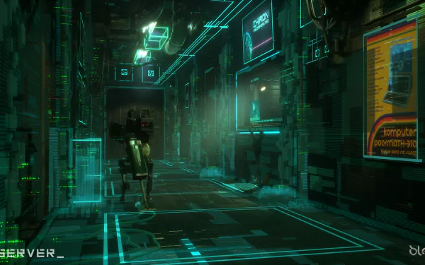 HD desktop wallpaper featuring a cyberpunk alley with neon signs and the caption Observer.