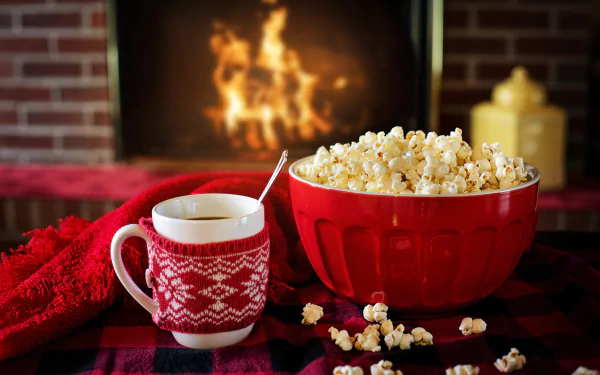 Cozy 4K Ultra HD wallpaper featuring a red bowl of popcorn and a patterned mug with a hot drink by a crackling fireplace.