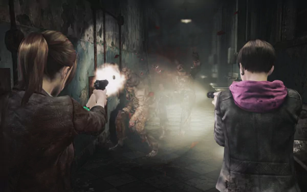 HD desktop wallpaper and background from Resident Evil: Revelations 2 featuring two characters aiming guns at a monster in a dimly lit corridor.