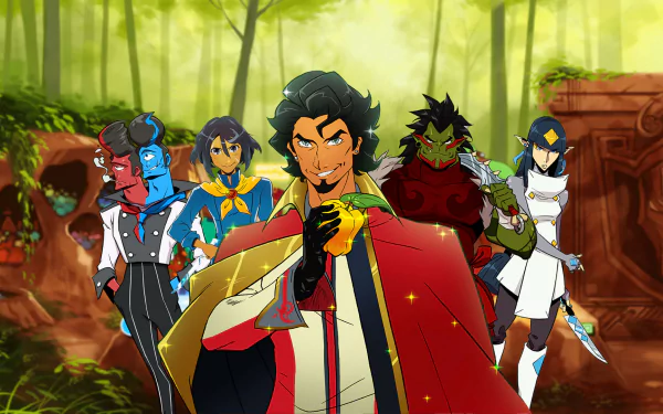 HD desktop wallpaper featuring characters from Battle Chef Brigade in a vibrant forest setting.