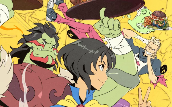 HD desktop wallpaper featuring characters from Battle Chef Brigade in dynamic cooking action poses.