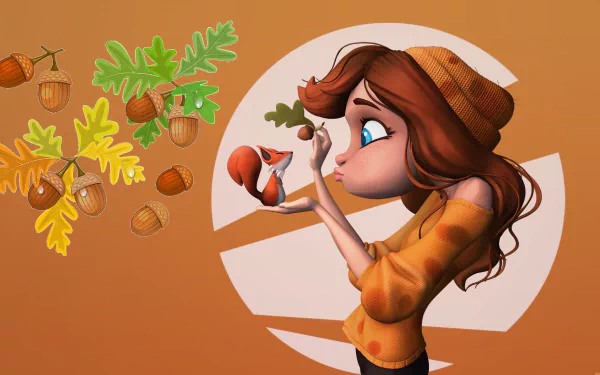 Artistic HD wallpaper of a woman with blue eyes and a beanie interacting with a squirrel, surrounded by hazelnuts and oak leaves on a warm background.