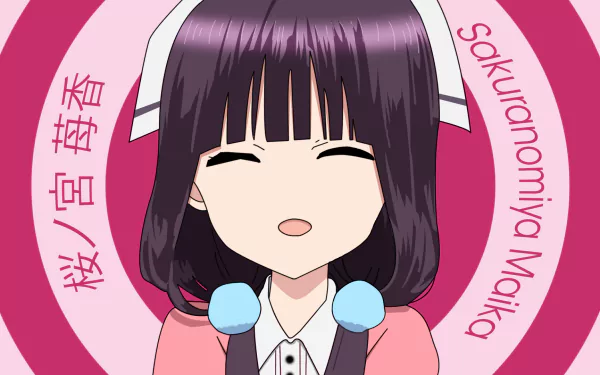HD desktop wallpaper featuring Maika Sakuranomiya from the anime Blend S against a pink and white circular background, with her name written in both Japanese and English around her.