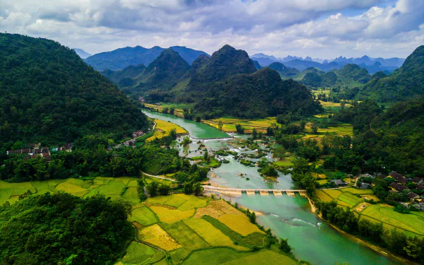 HD landscape photo of a vibrant green forest and rice fields by a winding river, surrounded by mountains in Vietnam, showcasing Earth's natural beauty.