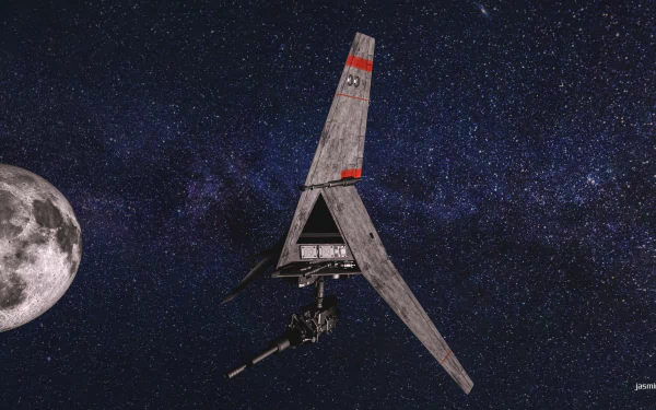 4K Ultra HD PC wallpaper: 3D CGI sci‑fi scene of a T‑16 Skyhopper and robot near a moon against a starfield, Star Wars style.