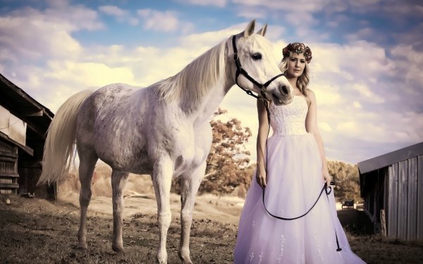 Women Bride Wedding Dress White Dress Wreath Blonde Horse HD Wallpaper | Background Image