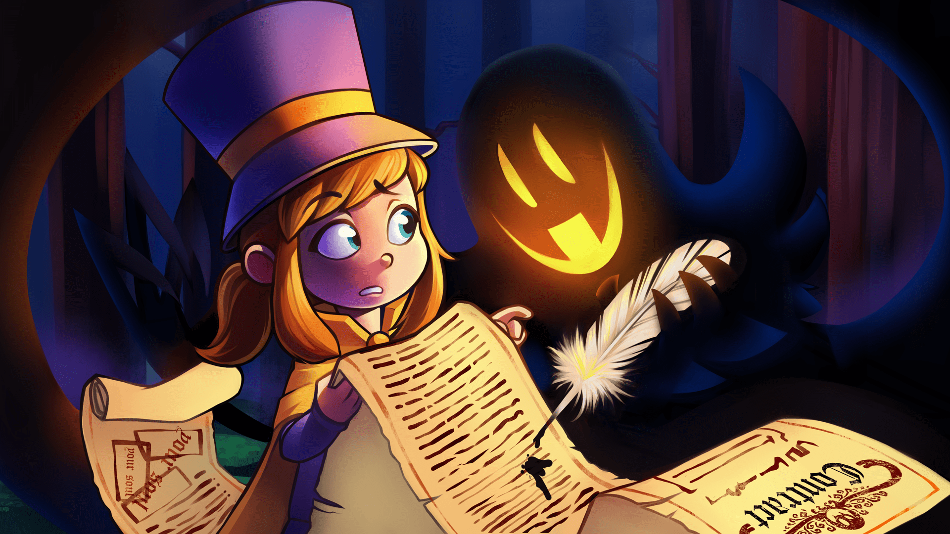 HD desktop wallpaper featuring a surprised character from A Hat in Time reading a book, with a spooky shadow and glowing eyes in the background.