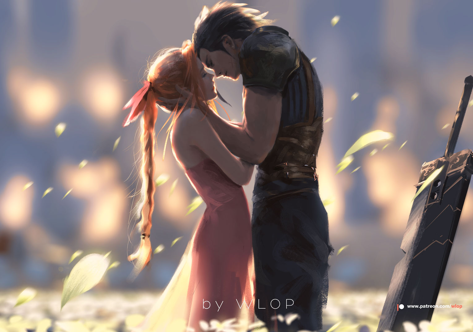 WLOP Aerith and Zack wallpaper by Wang Ling