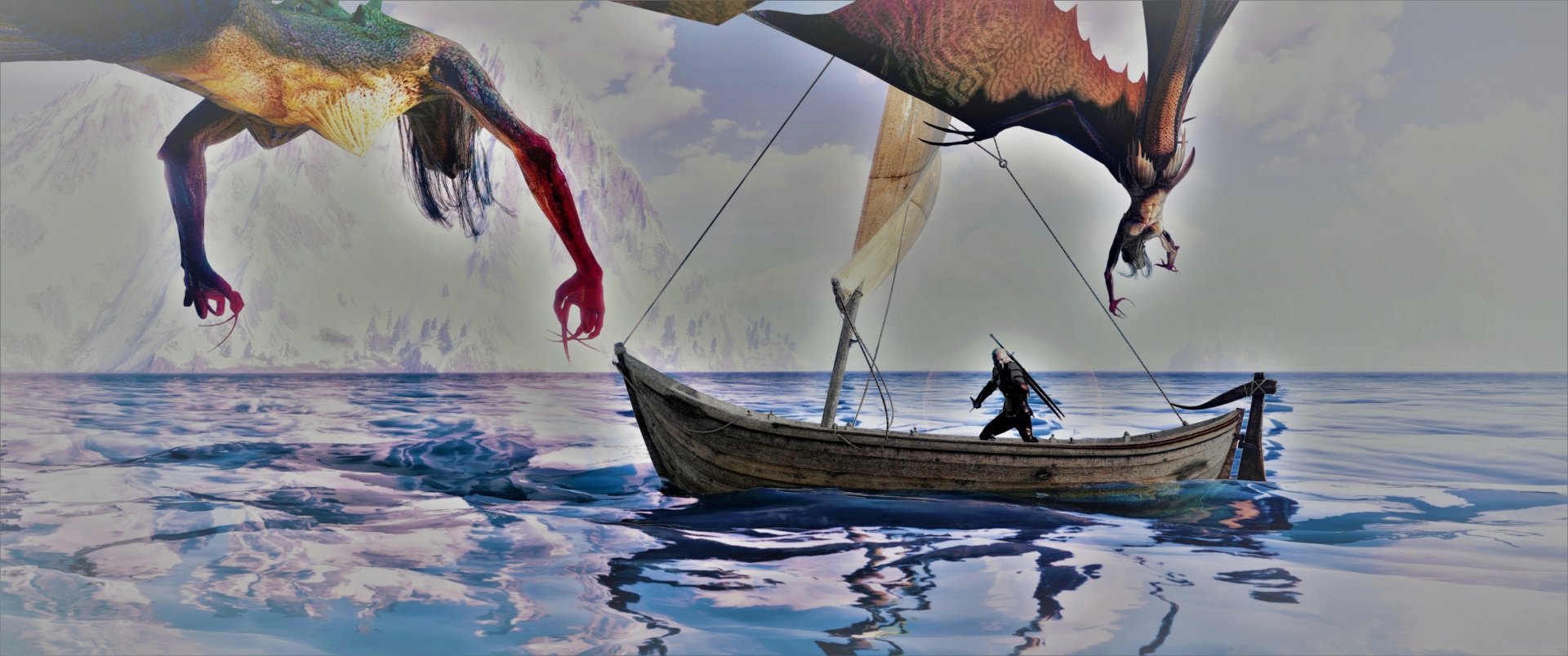 Fantasy scene from The Witcher 3: Wild Hunt showing a lone warrior on a boat confronting large flying monsters over a reflective water surface, rendered in HD for PC desktop.