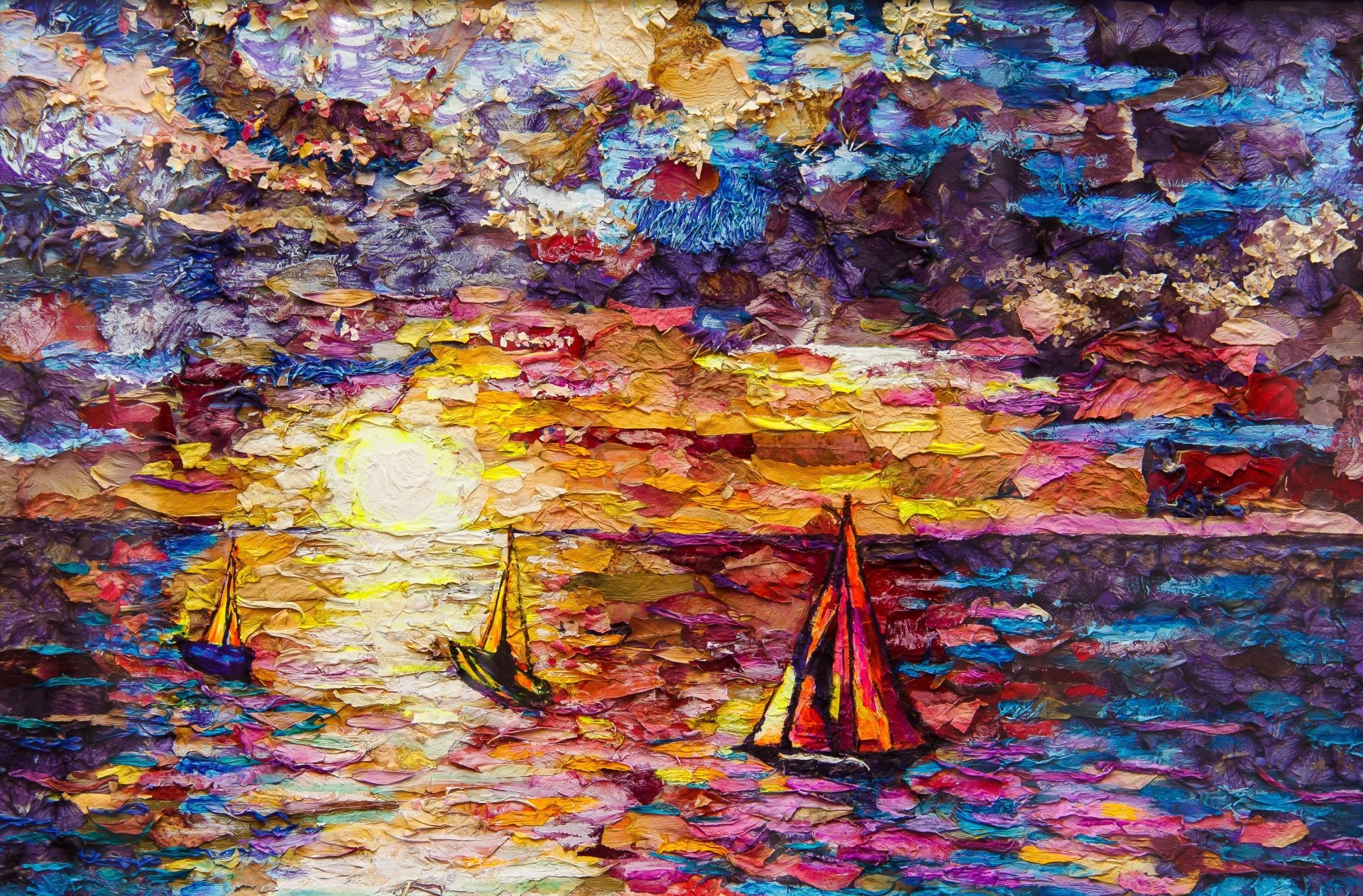 A vibrant HD desktop wallpaper featuring an artistic painting of colorful boats on an ocean under a dramatic sky. The rich, vivid hues create a striking visual experience.