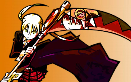 HD PC desktop wallpaper featuring Maka Albarn from the anime Soul Eater wielding her scythe against an orange background.