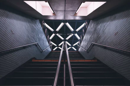 HD PC desktop wallpaper/background: subway stairs framed by stark man-made architecture, steel handrails converging toward a geometric illuminated ceiling.