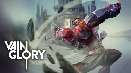 HD wallpaper of a Vainglory game character in battle armor, poised for action against a mystical city backdrop.