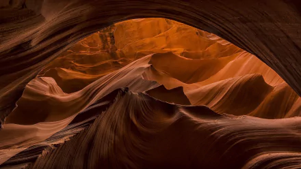 HD desktop wallpaper of Antelope Canyon showcasing stunning natural rock formations and smooth, flowing curves bathed in warm, rich tones.