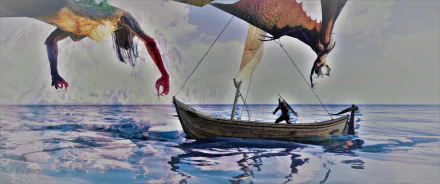 Fantasy scene from The Witcher 3: Wild Hunt showing a lone warrior on a boat confronting large flying monsters over a reflective water surface, rendered in HD for PC desktop.