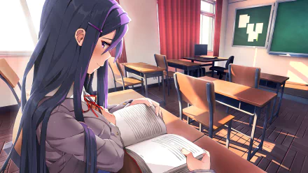 HD desktop wallpaper featuring Yuri from the video game Doki Doki Literature Club!, reading a book in a well-lit, empty classroom.