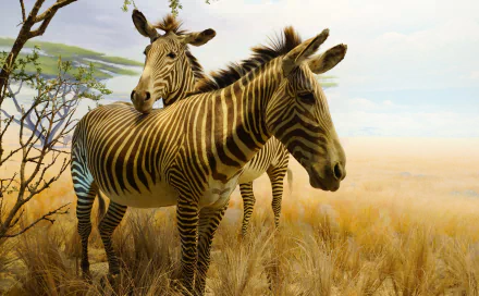 HD wallpaper of two zebras standing close together in a grassy savanna landscape, with trees and a bright sky in the background.