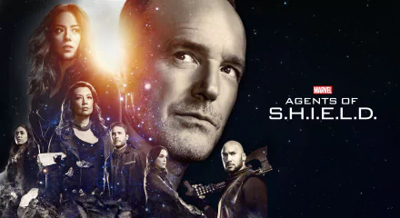 HD PC desktop wallpaper featuring main characters from the TV show Agents of S.H.I.E.L.D. against a cosmic background with the Marvel logo.