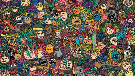 Colorful, chaotic meme-inspired collage filled with quirky, funny cartoon faces and characters, designed as an HD PC desktop wallpaper and background.