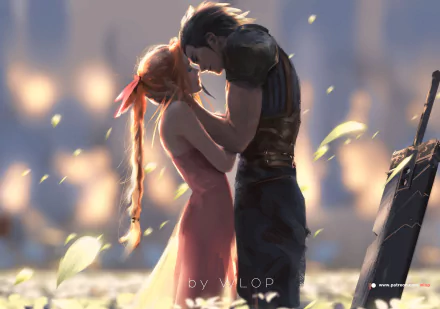 HD wallpaper featuring Zack Fair and Aeris Gainsborough from the video game Crisis Core: Final Fantasy VII, embraced tenderly with a soft, glowing backdrop, showcasing the emotional bond between the characters.